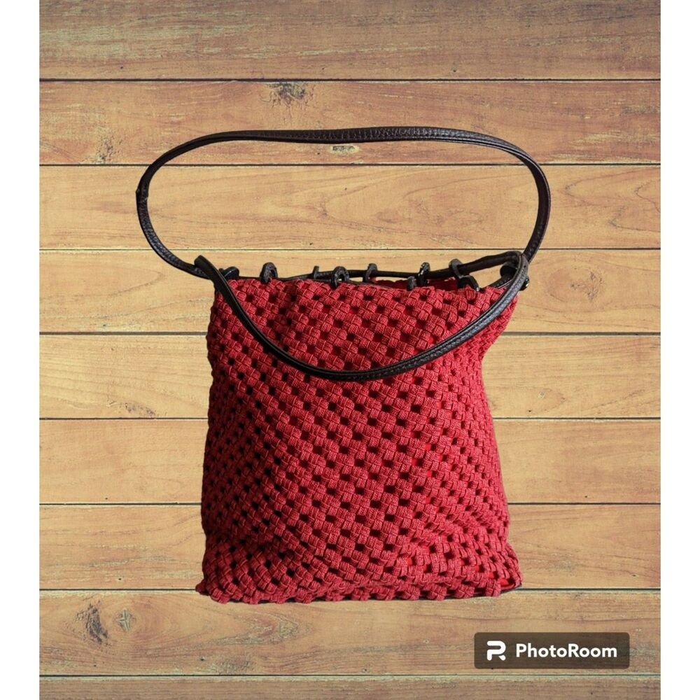 Liz Claiborne Red Woven Shoulder Bag Knit Look Faux Leather Trim